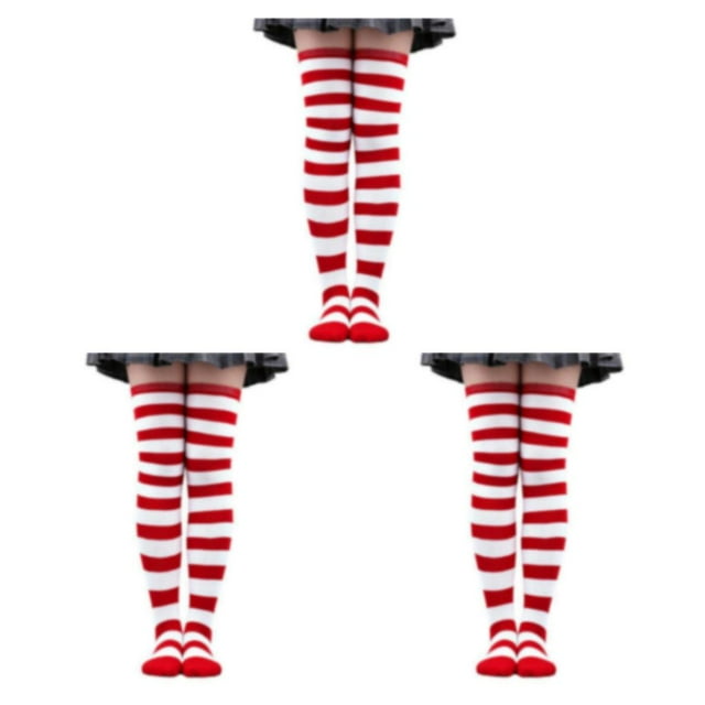 Shengyu Comfortable Striped Thigh High Socks for Costume Party Soft and Cozy White Red 50cm 3Set