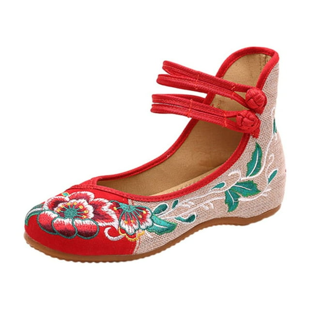 Smilepp 1/2/3 Lin Respirant et Ballerines pour Femmes Chaussures Incontournables Ballerines pour Femmes Escarpins Chaussures Nouvelles Brodées Rouge 43 1 Pce