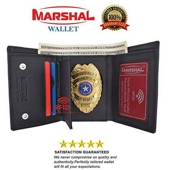 Genuine Leather RFID Blocking Police Badge Holder Trifold Wallet Black with Snap Closure