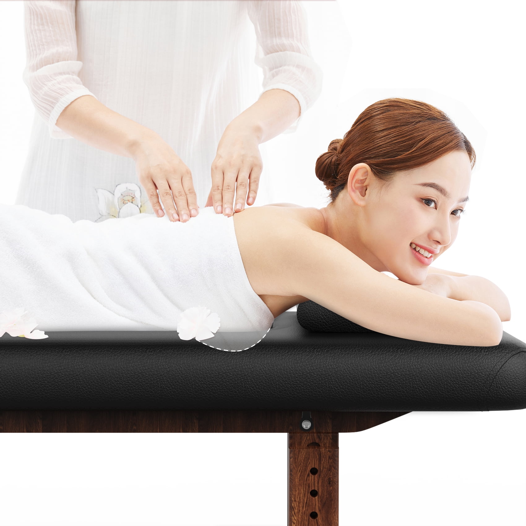 Miniyam 80" -Beauty Salon Beauty Bed Modern Massage Bed - Black High Quality Birch, 4 Adjustable Height Legs, With C-Shaped Pillow, Chest Hole Pillow