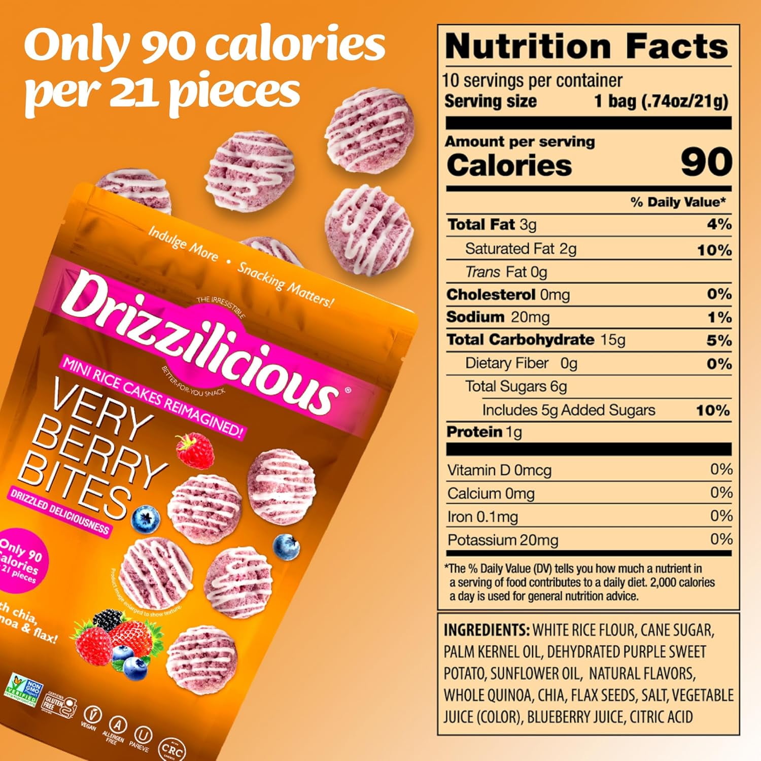 Drizzilicious Mini Rice Cakes, Very Berry Flavored Rice Cake Gluten Free Snacks, Rice Crisps 2-Pack