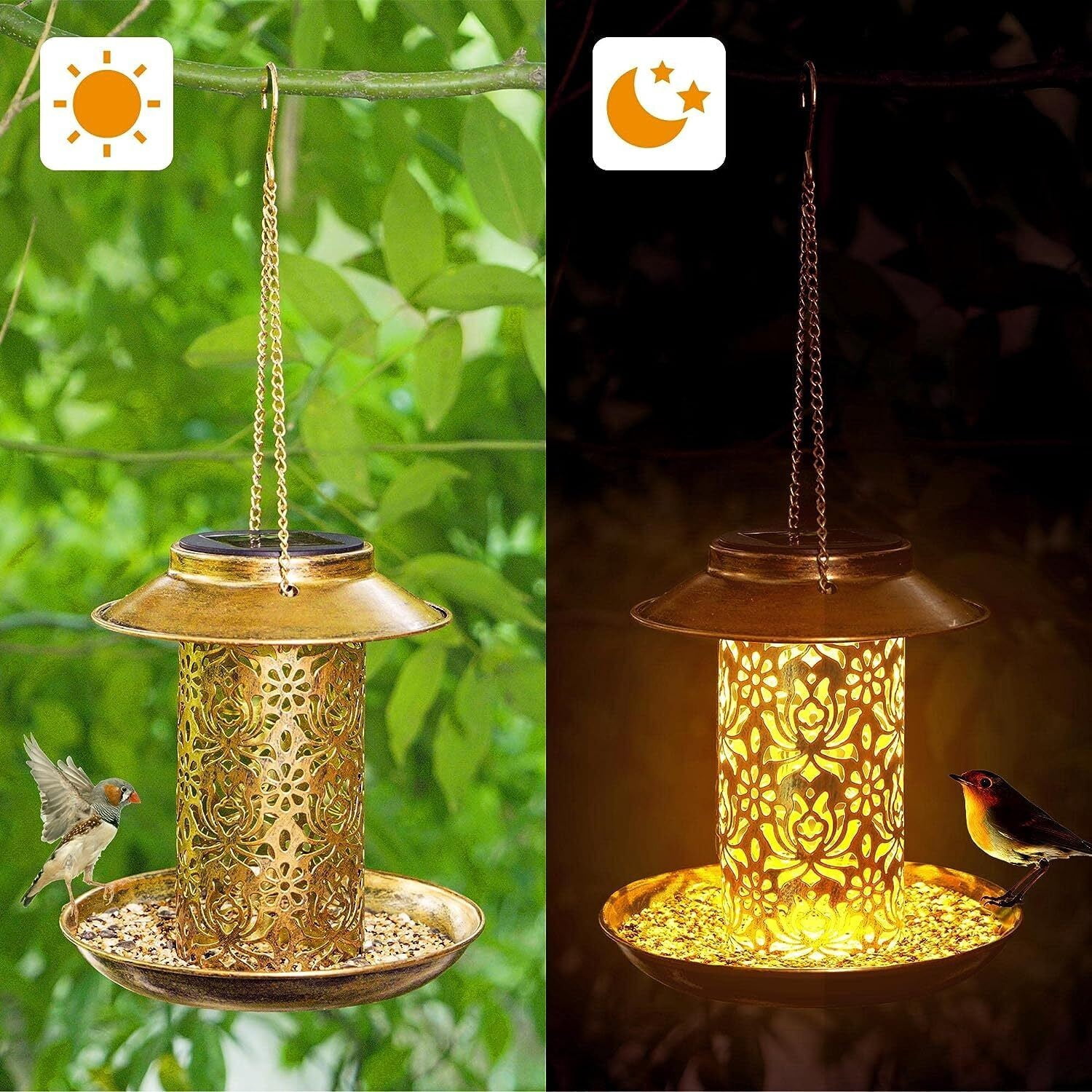 COSTYLE Solar Bird Feeder for Outdoors Hanging, Metal Wild Bird Feeder Solar Lantern Garden Decoration with S Hook