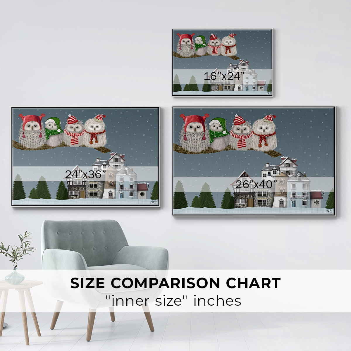 Christmas Christmas Owl Village - Framed Gallery Wrapped Holiday Canvas - 25 x 37 - White Frame