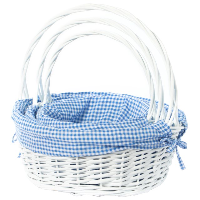 Panier-cadeau Rond en Osier Blanc, avec Doublure en Vichy Bleu et Poignée - Ensemble de 3