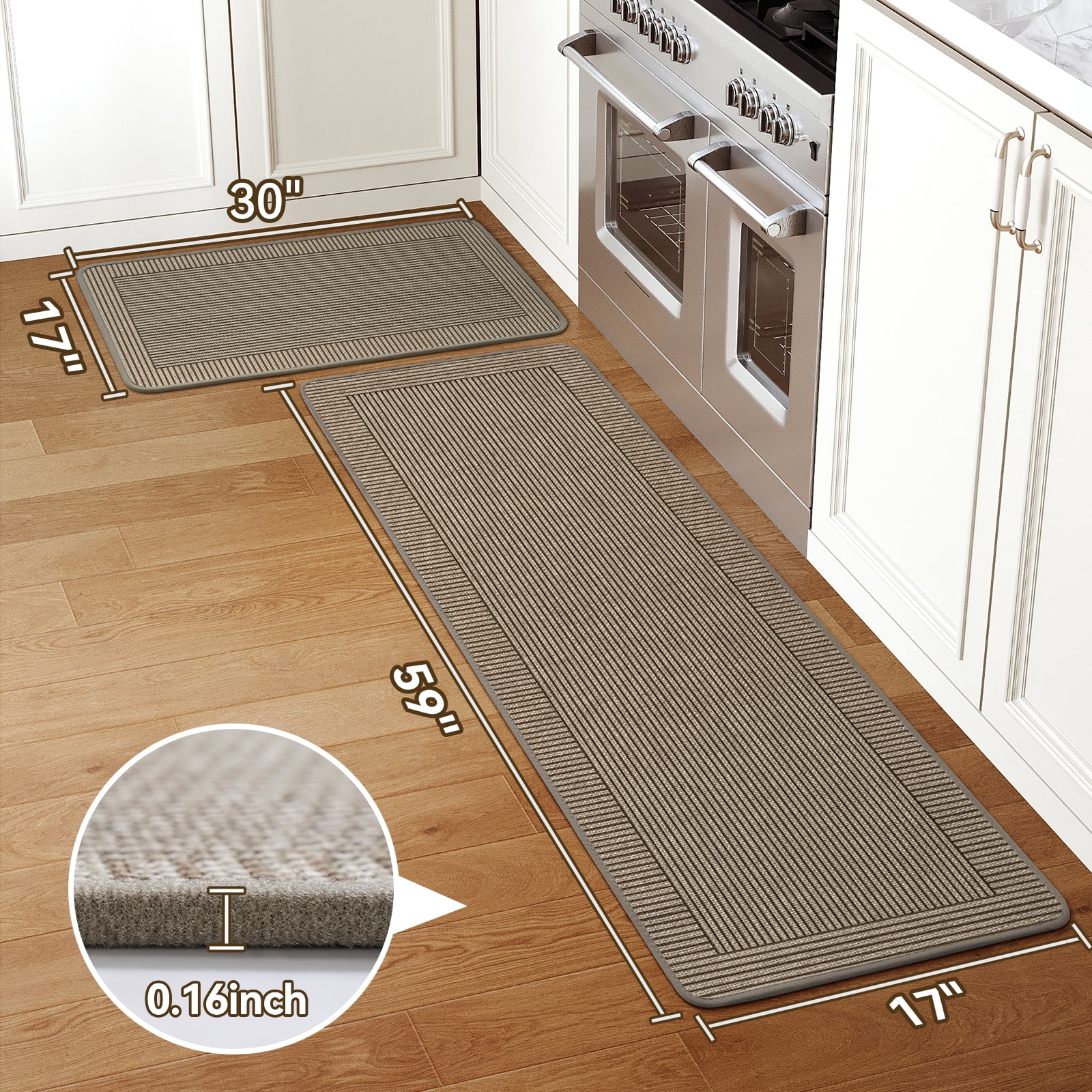 QiCaiJia Kitchen Rugs Set of 2, 17''x30''+17''x59'' Brown Kitchen Mats for Floor, Washable Non Slip Absorbent Kitchen Mat, Braided Kitchen Runner Rug, Kitchen Sink Rug