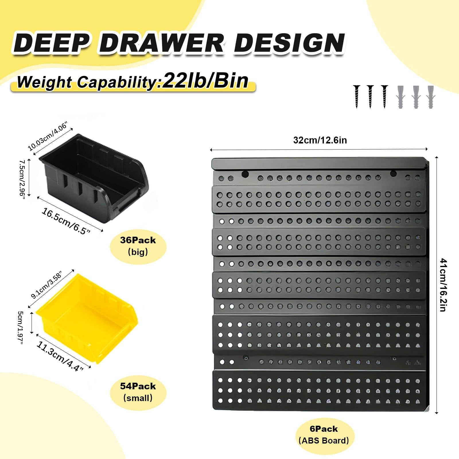 Extra Large 90PCS Wall Mounted Storage Bins Organizer, Plastic Screw & Bolt Storage Rack with Pegboard, Nut & Hardware Organizer for Garage, Workshop, Craft Room (Yellow & Black)