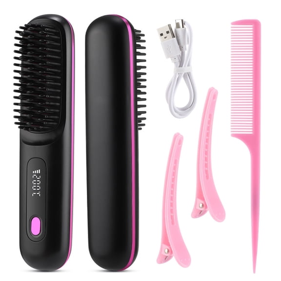 Hair Straightener Brush, Cordless Hair Straightener Brush Portable Hot Comb Straightener, USB Rechargeable & 3 Temp Settings & Anti-Scald, Black