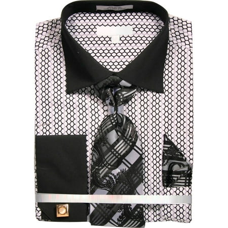 Men's Printed Honeycomb French Cuff Shirt with Tie Handkerchief Cufflinks