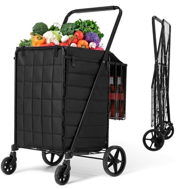 Folding Shopping Cart with Wheels & Double Basket Folding Utility Shopping Cart with Waterproof Removable Lining ,Portable Lightweight Trolley 180 LBS Capacity for Grocery Laundry