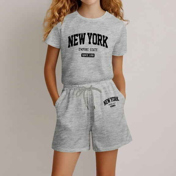 Cute Summer Outfits Grey Pullover Short Sleeve T-Shirt Tee Tops Casual Shorts Girls 2 Piece Outfits Girls 11-12 Years Outfits Summer Clothing