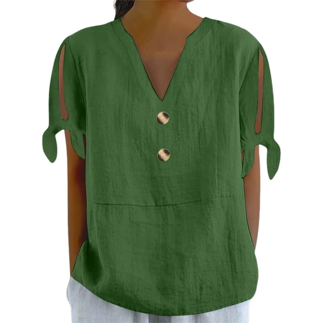 Top de mujer con cuello en V y botones y manga corta - Camiseta informal con hombros al aire - Tejido suave y transpirable para llevar a diario en primavera y verano