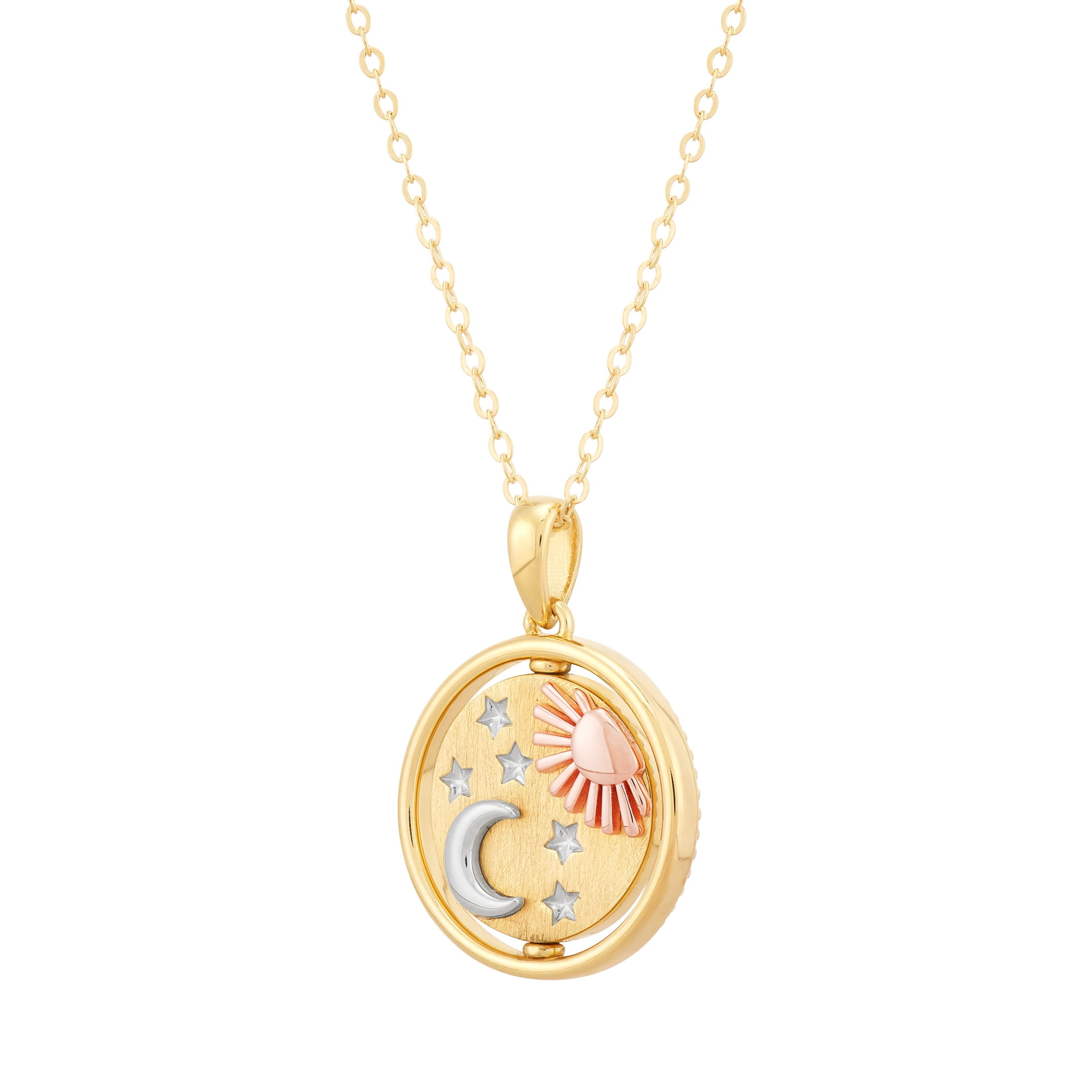 Brilliance Fine Jewelry Sterling Silver 14KT Gold Plated Spinning Sun Moon Circle Pendant Necklace, 20"