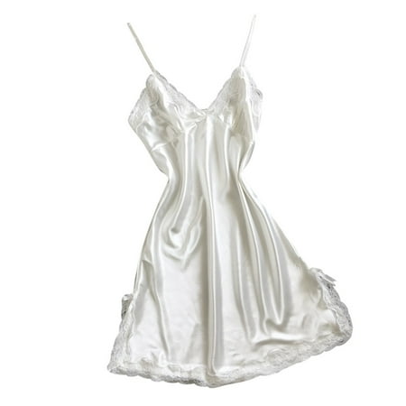 HYSYSB Nightgowns for Women balconette Bras for Women nighty for Women spaghetti Strap Nightgown women Satin Sexy Bowknot Lace Lingerie V Neck Sleepdress Underwear chemise for Women White L