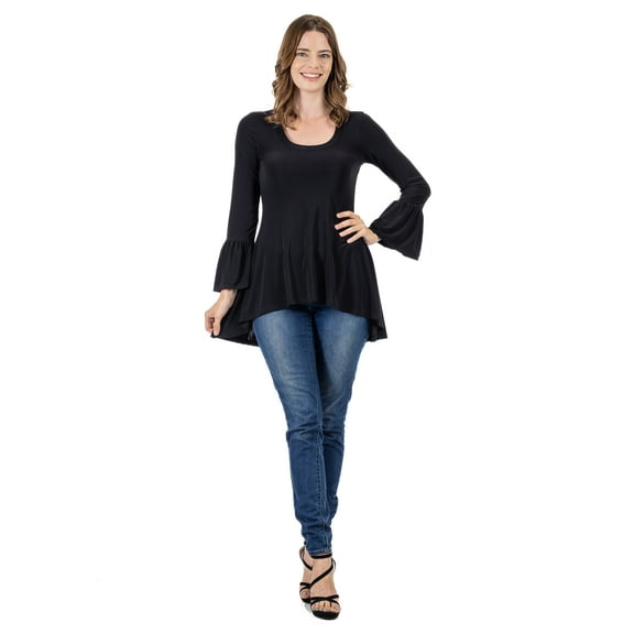 24seven Comfort Apparel Womens Long Bell Sleeve High Low Tunic Top -R0062125-BLAC-M