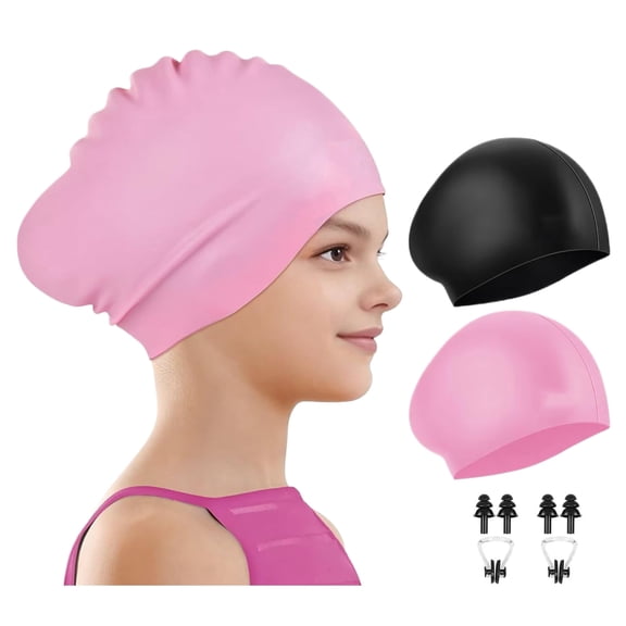 Kids Swimming Cap for Girls Boys, One Size Silicone Swim Cap for Long Hair, Waterproof Swim Hat for Children Teens Ages 7-15 to Keep Hair Dry -2pcs