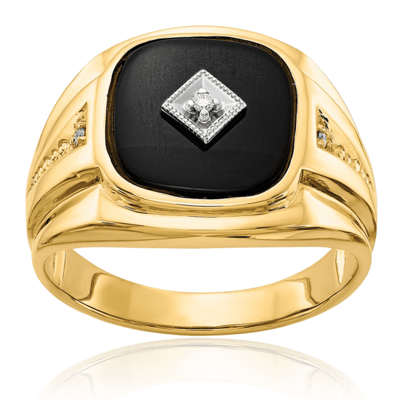14K Solid Yellow Gold Diamond Black Onyx Mens Ring Gemstone Band