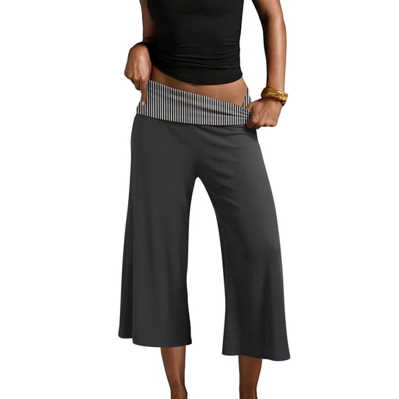 IYYVV Gaucho Pants Women Fold Over Cropped Capri Pants Low Rise Wide Leg Yoga Capris Palazzo Culotte Stretch Bottoms Black L