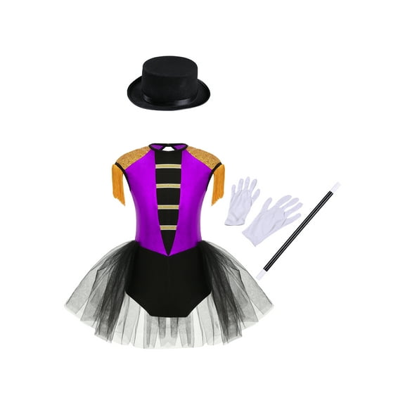 dPois Kids Girls Circus Costume Sequin Tassel Bodysuit with Accessories Outfits Halloween Ringmaster Purple 12