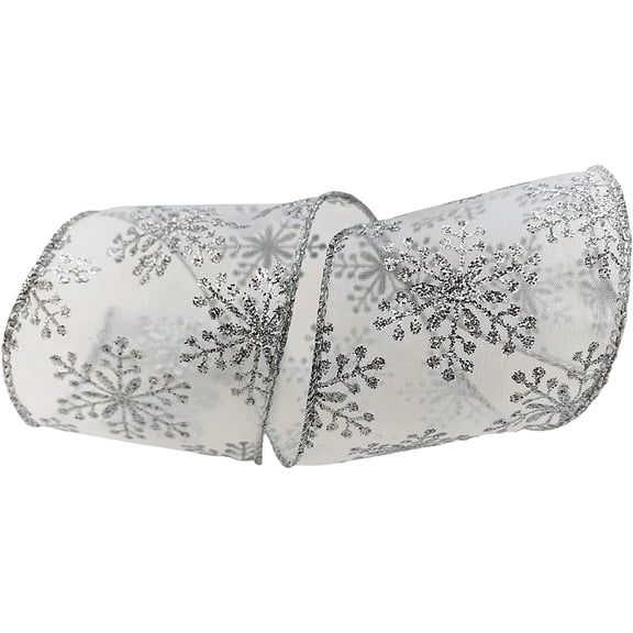 Silver Snowflake Sheer Christmas Ribbon - 2 1/2" x 10 Yards, Wired Ribbon, Gift Wrapping, Wreath Decor