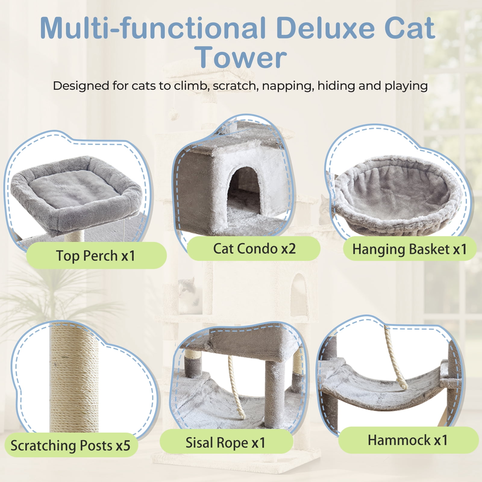 66" Multi-Level Cat Tree Tower with Sisal Scratching Post, Indoor Cat Climbing Tower with Ladder & Plush Toys for Rest & Play
