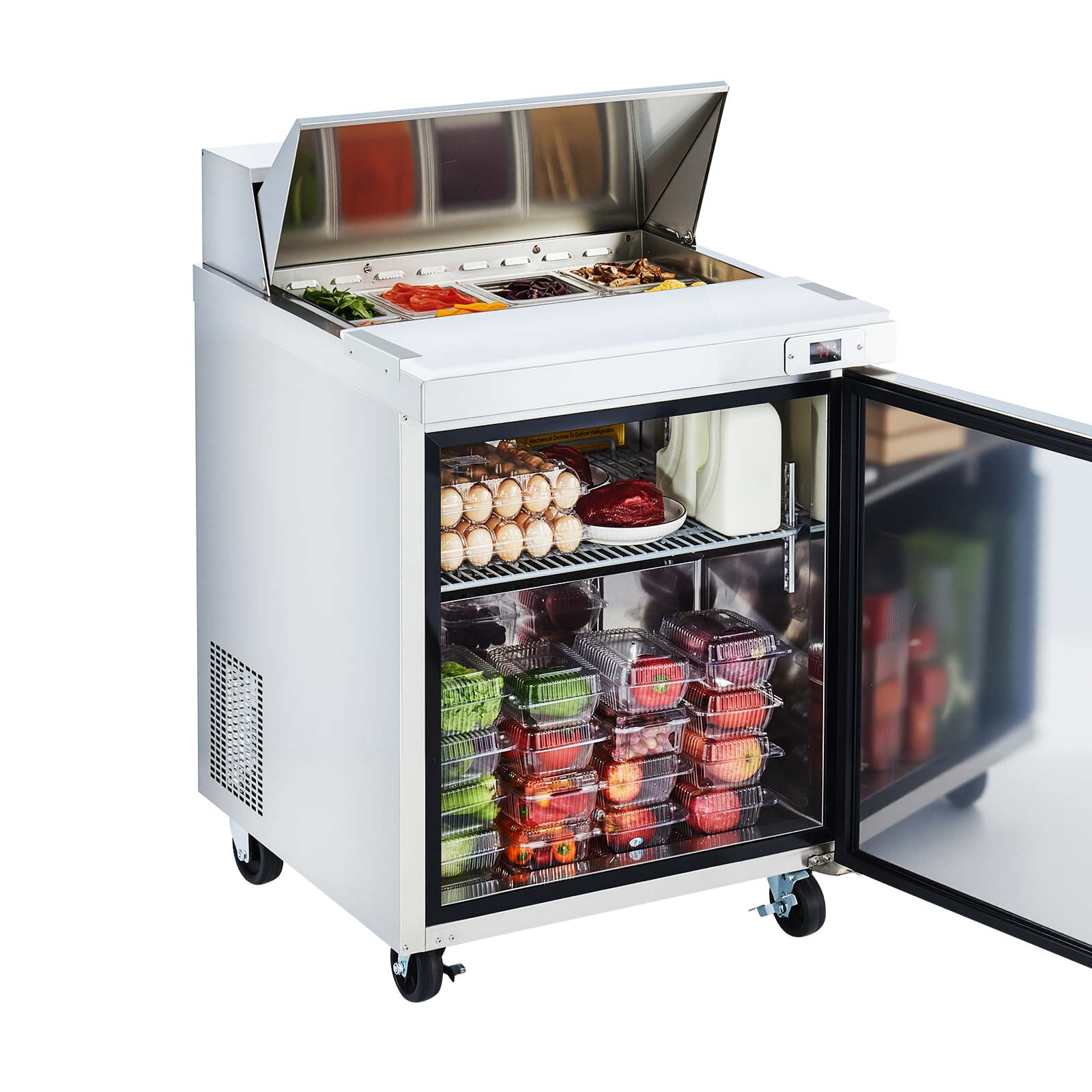 KFFKFF 28"W Commercial Refrigerator, 7.1 Cu. Ft Sandwich Prep Table, Food Prep Fridge with 8 Pans and Cutting Board, Stainless Steel Salad Cooler for Restaurant and Food Truck