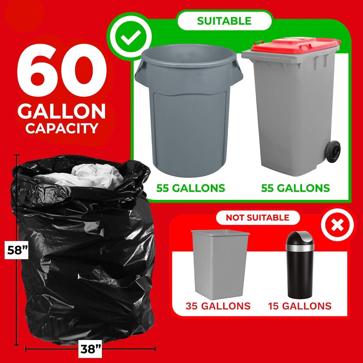 55 Gallon Trash Bags, 2.5 Mil Contractor Bags - 50 Count, Large 55-60 Gallon Trash Can Liners, Black Contractor Garbage Bags, 38 x 58"