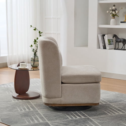 BSHTI 25.2" Wide Modern Chenille Cushioned Armless Metal Base 360°Swivel Chair with Pillow,Suitable for Living Room,Family Room,Bedroom,Lounge Area,Office.Beige