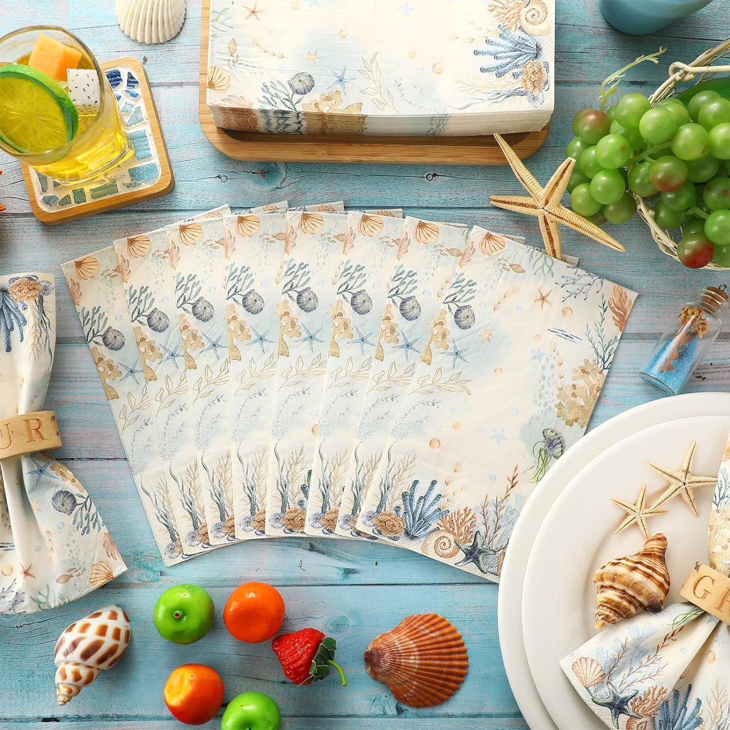 100 Pcs Christmas Coastal Paper Napkins Disposable Blue Sea Ocean Decoupage Napkins Bathroom Guest Seashell Nautical Coral Decorative Paper Towels for Kitchen Wedding Dinner Party