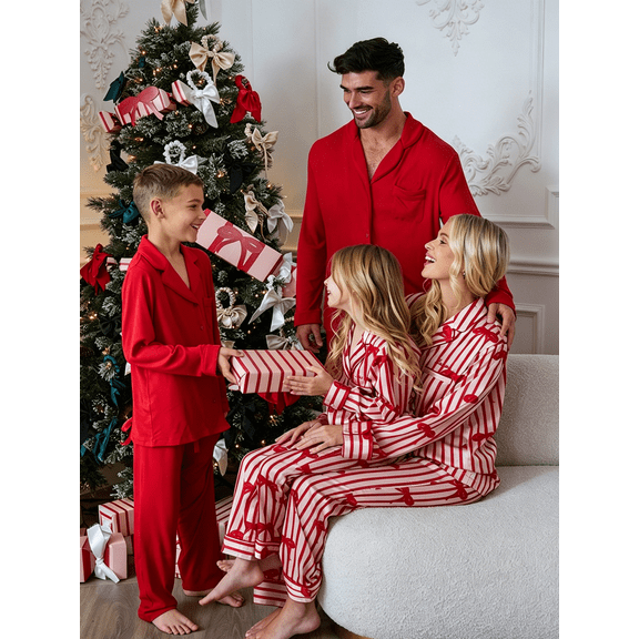 Stylish Family Loungewear Set, Lapel Button-up Long Sleeve Tops Pants, Bow and Solid Color Design