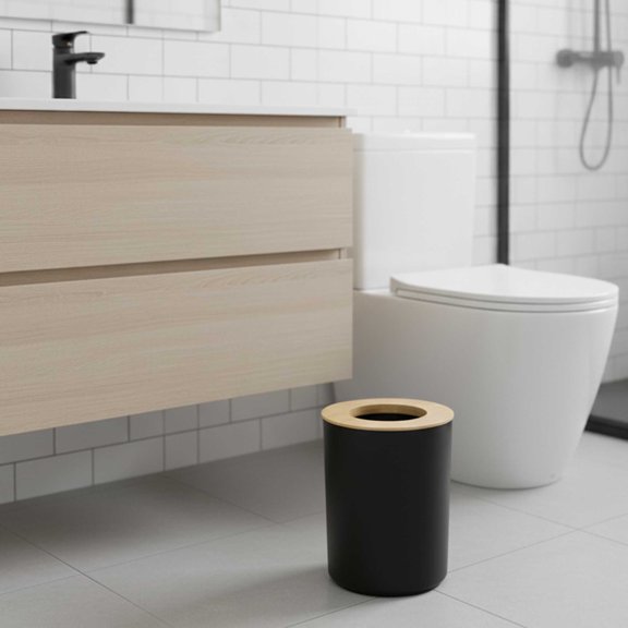 Black Bathroom Trash Can Padang Bamboo Top 1.3 Gal - Stylish and Sustainable 5L Waste Solution