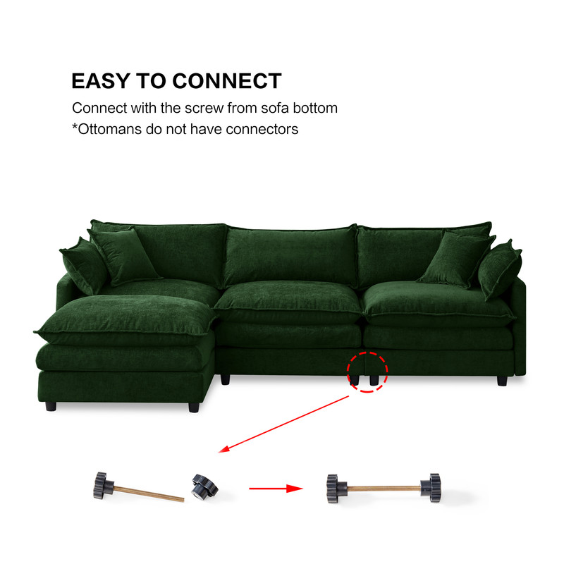 105" Modular Sectional Couch, 3-Seater Soft Chenille L-Shaped Sofa with Ottoman, Upholstery Sofa Couch with Pocket Coil & High-Density Foam for Living Room