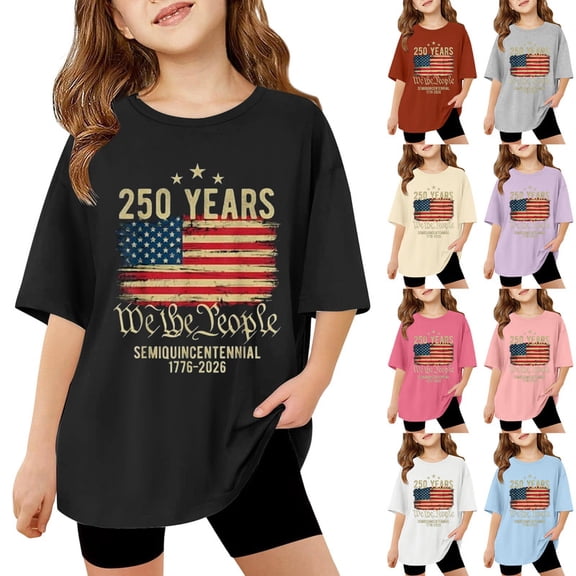 250 Anniversary Usa Shirt Summer Tops Graphic Tees for Girls and Boys Stylish Printed Short Sleeve Round Neck Comfortable Casual Daily Everyday Wear Beige