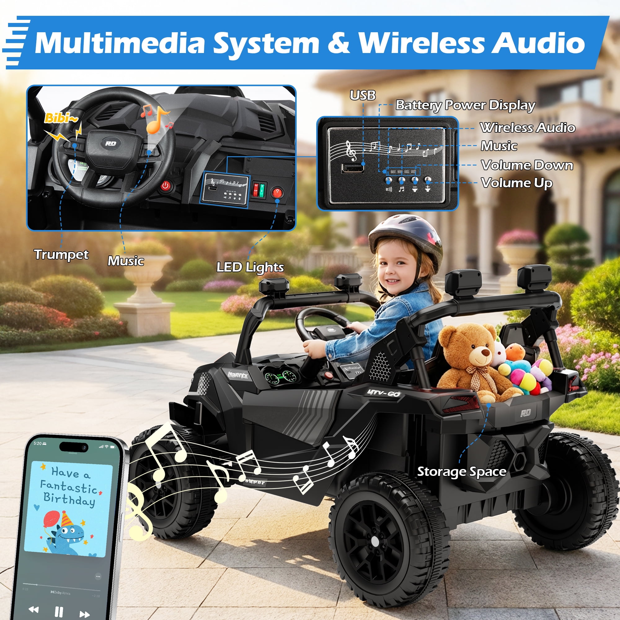 Wisairt 24V Ride on Toys 4WD Ride on Cars with Remote Control, 2 Seater Electric Car for Kids, Power Car Wheels, UTV w/ Four Motors, Music, LED Lights, Wireless Audio, 3 Speeds, Black