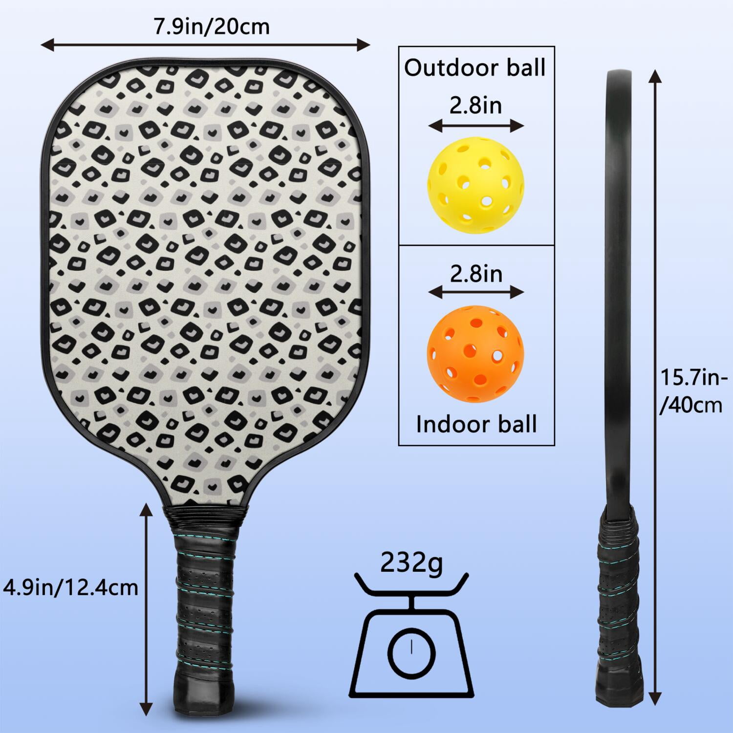 Pickleball Paddles Set Of 1, Fiberglass Surface, Animal, Leopard Print, 1 Paddle, 2 Balls & Bag