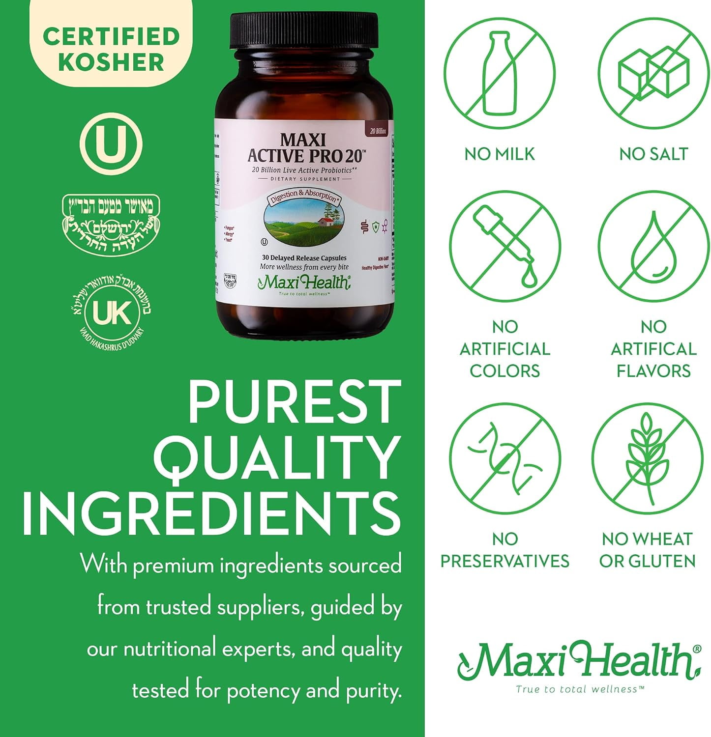 Maxi Health Active Pro-20 – 20 Billion Probiotics for Adults – Gut & Immune Support – 30 Capsules