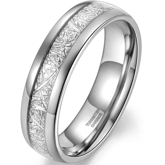 Jewmon 4mm 6mm 8mm Tungsten Rings for Men Women Silver Dome Polished Meteorite Inlay Ring Wedding Band Couples Rings Mothers Day Gifts for Her