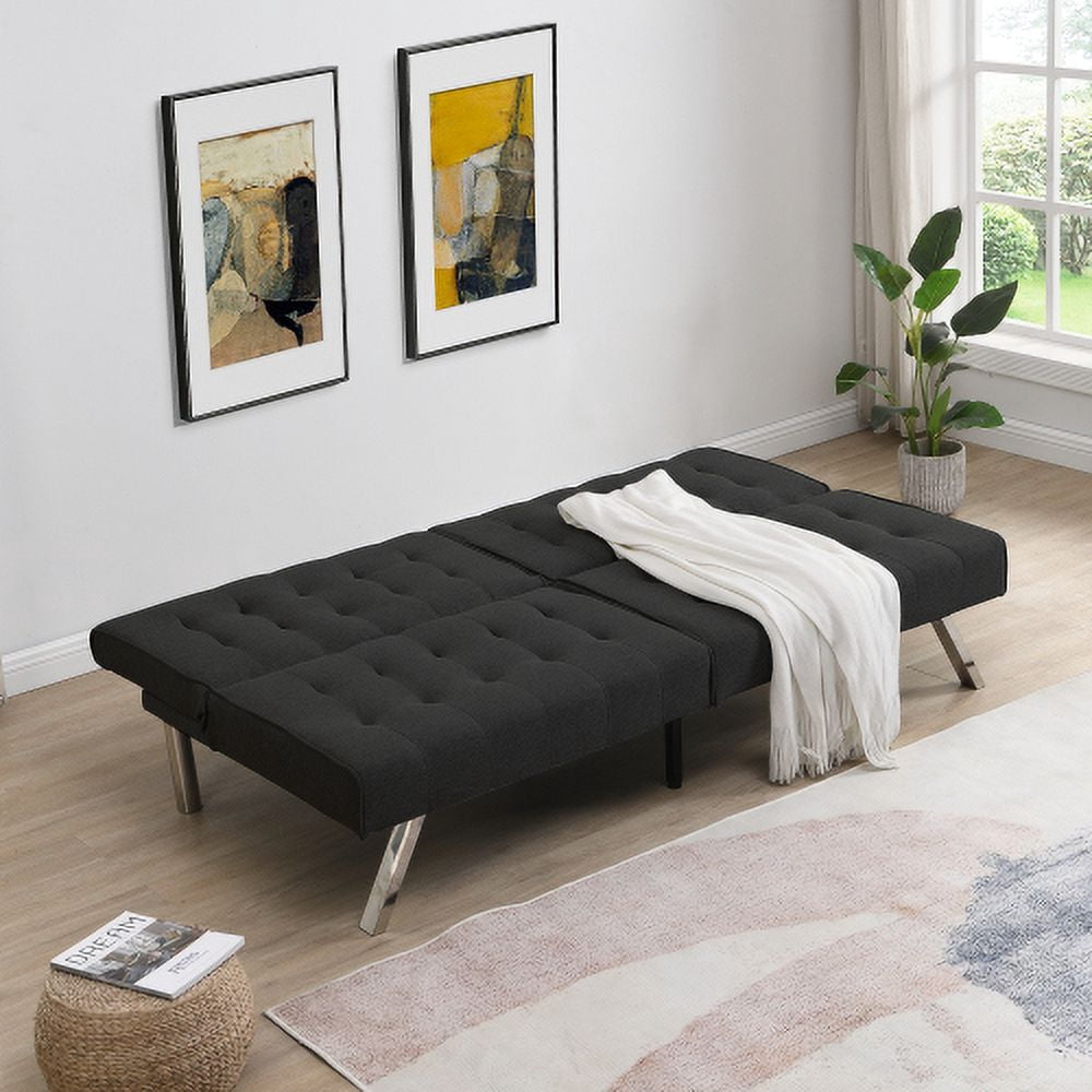 Leumius Convertible Futon Sofa Bed, Linen Fabric Upholstered Folding Futon for Living Room, Black