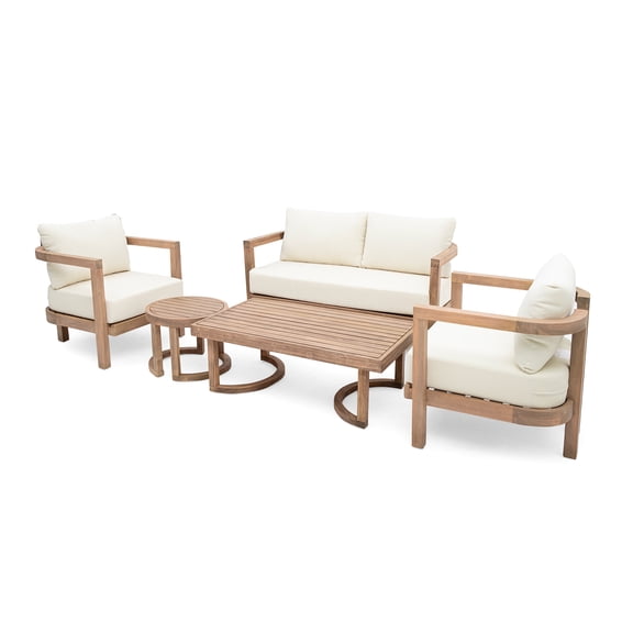 GDF Studio Aston Outdoor Acacia Wood 5-Piece Chat Set with Cushions, Beige and Brown