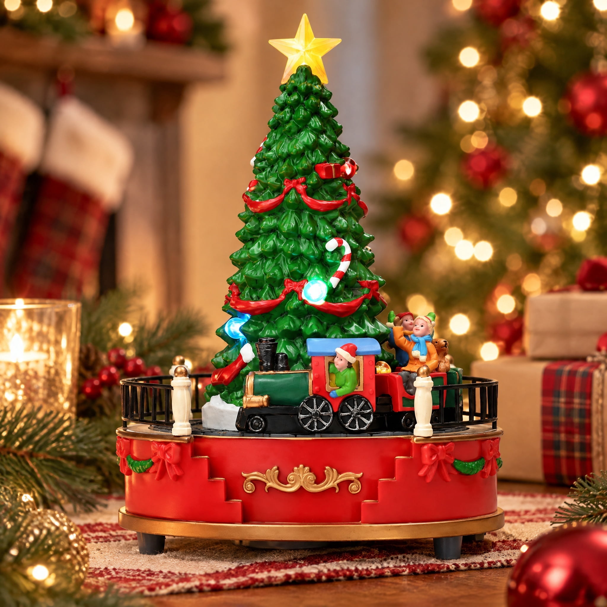 Light-Up and Musical Animated Tree with Train Christmas Village Decoration, Multicolor, 7.5", by Holiday Time
