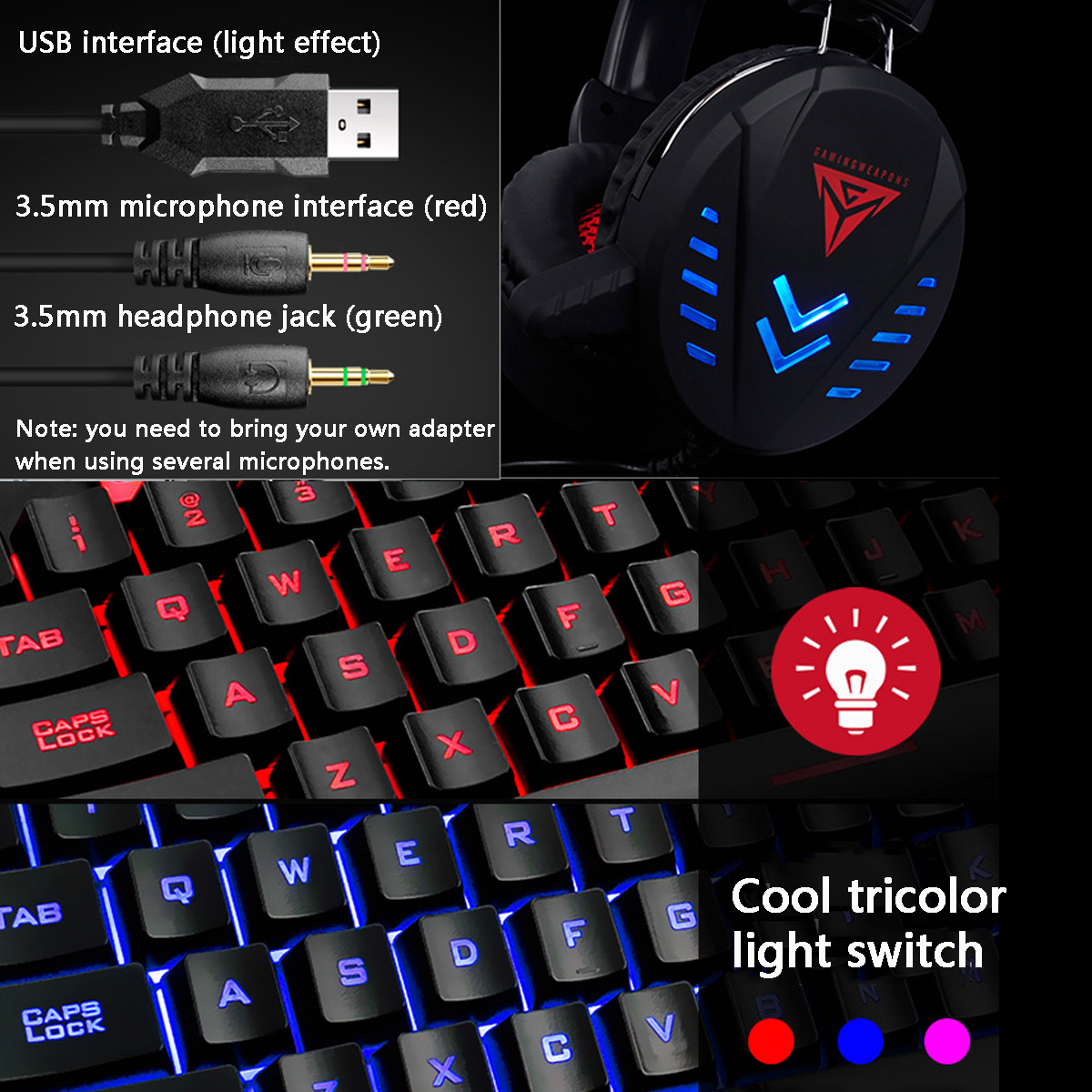 3 in 1 Mechanical Keyboard and Mouse and Headset Combo,104 Key Wired LED Backlit Gaming Keyboard and 4 Adjustable DPI 6 Button Mouse and USB Headset with Mic, Mouse Pad as a Gift - image 3 of 9
