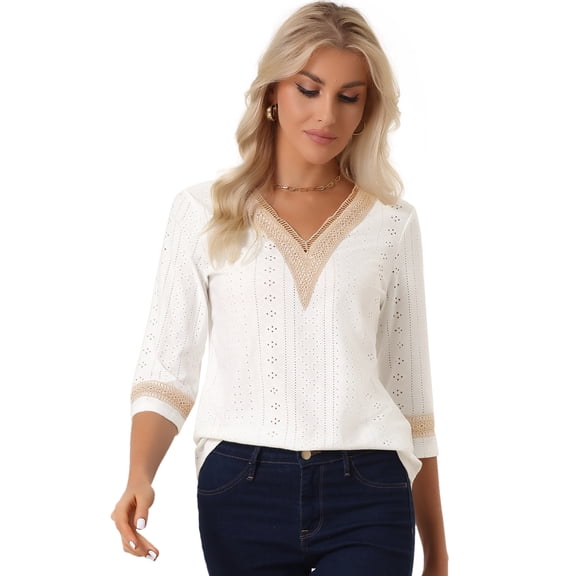 DARING DIVA Women's 3/4 Sleeve Tops Hollow Color Block Boho Shirts XS White