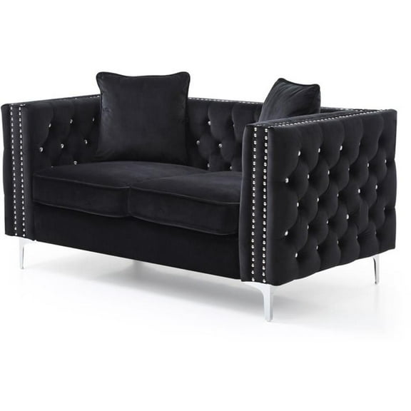 Maklaine Contemporary Soft Velvet Jeweled Buttoned Tufted Loveseat in Black