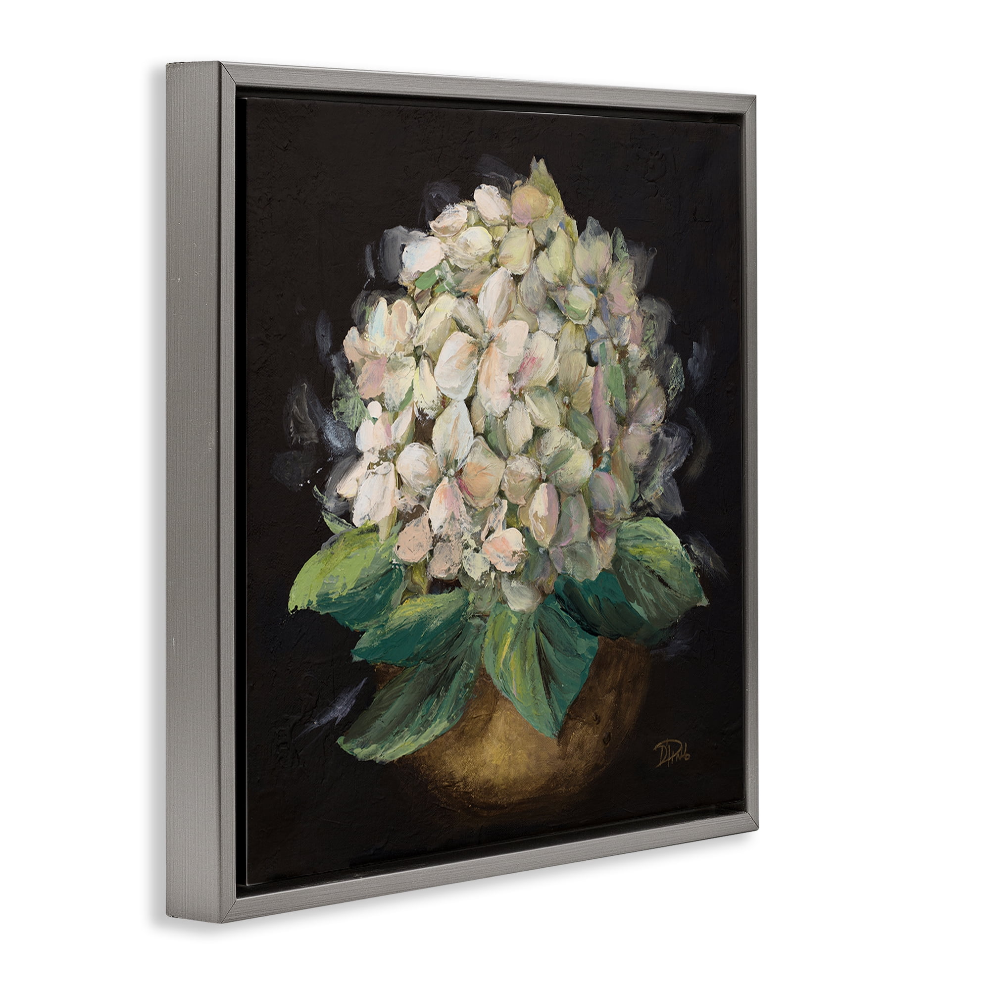 Stupell Industries Potted Hydrangea Plant Plants & Flowers Painting Gray Floater Framed Canvas Art Print Wall Art, 18 x 18