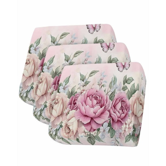 Watercolor Pink Floral Sofa Couch Cushion Covers Washable, Removable Stretchable Sectional Couch Covers, Spring Romantic Roses Butterfly Slipcovers for L & T Shape Sofa Protector S Size 3 pcs