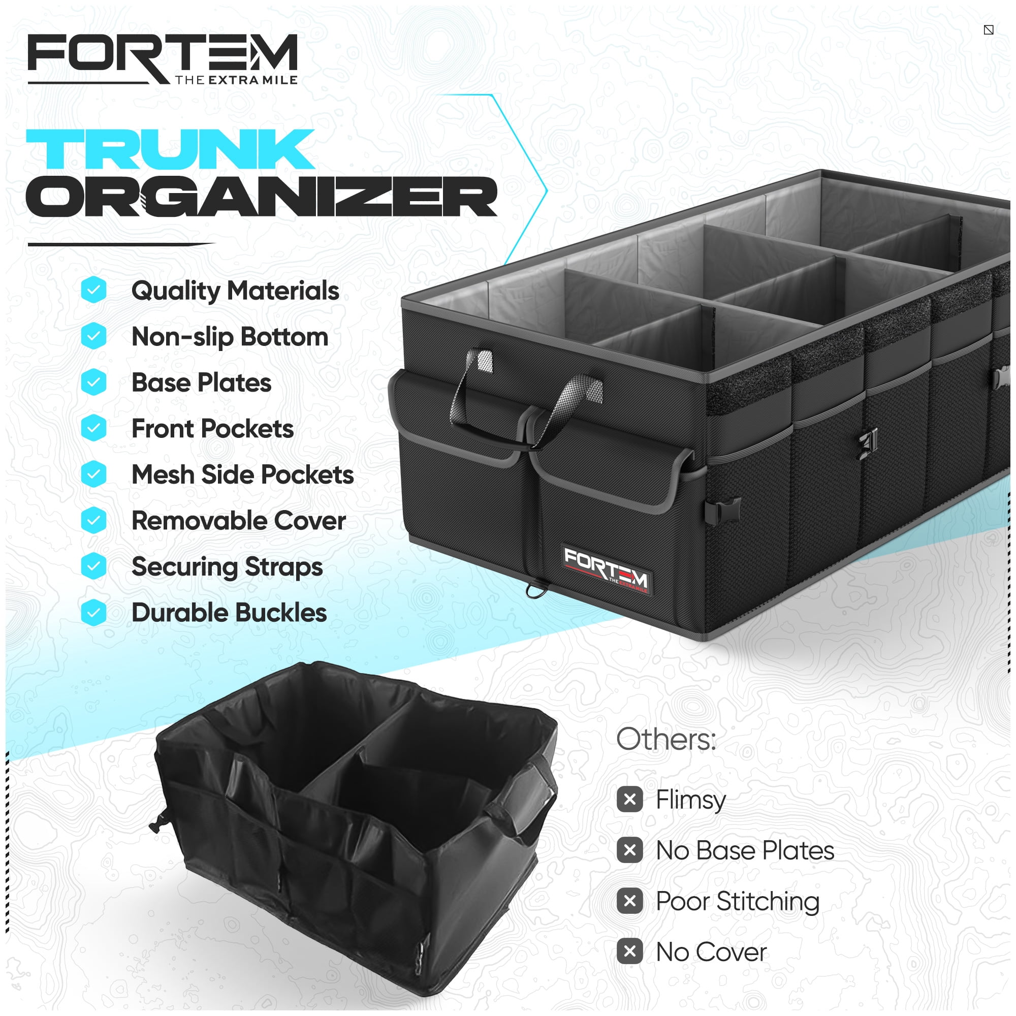 FORTEM Car Trunk Organizer, Collapsible Multi Compartment SUV Organizer, Foldable Storage for Car Accessories for Women Men, 600D Oxford, Non Slip Bottom, Securing Straps, Soft Cover (85L)