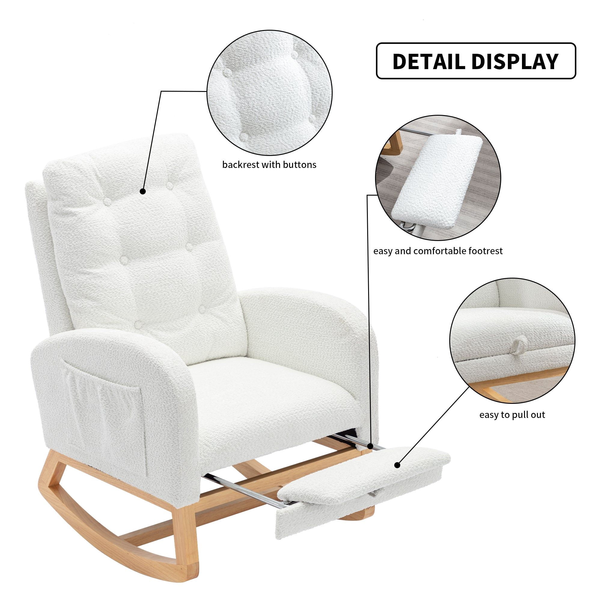 Sailvan Upholstered High Back Accent Rocking Chair with Footrest & Storage Pocket for Living Room
