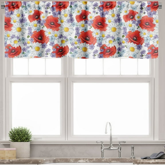 Ambesonne Colorful Valance Pack of 2, Poppy and Daisy Flower, 54"X12", Lavender Scarlet