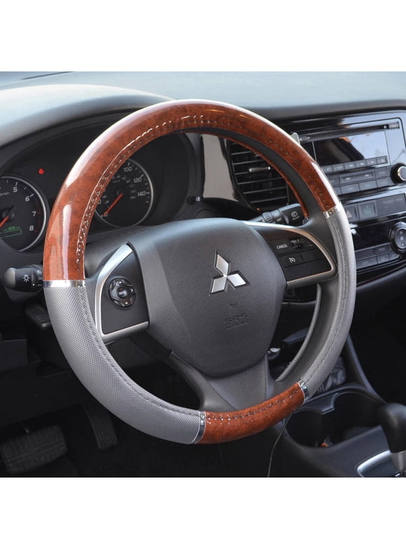 Wood Grain Steering Wheel Cover – Black Synthetic Leather – Fits 14.5-15.5 Inch Wheels – Universal