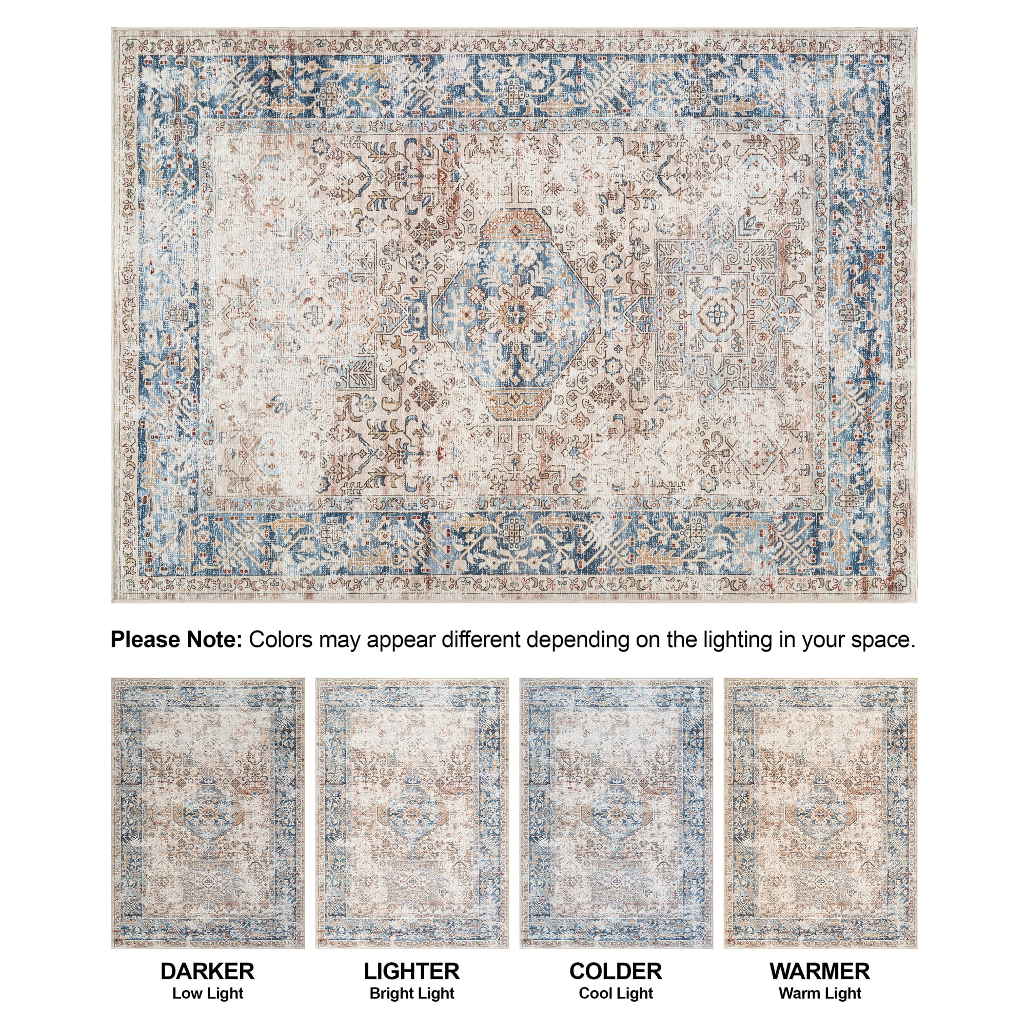 Bloom Rugs Washable Non-Slip 8x10 Rug - Beige / Ocean Blue Traditional Oriental Area Rug for Living Room, Bedroom, Dining Room, and Kitchen - Exact size: 8' x 10'