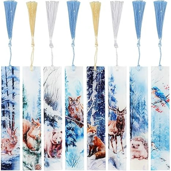 8PCS Winter Woodland Bookmarks with Tassels Acrylic Forest Animals Book Marks for Book Lover Women Kids Writers Teachers Students Christmas Gifts